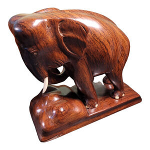 Vintage 60s Hand Carved Solid Wood Elephant Bookends Pair Heavy Rustic Folk Art